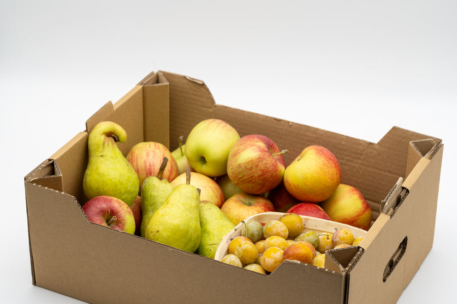 Saisonales Hofmix-Beispiel mit Äpfeln, Birnen und ergänzenden Früchten in einer Obstkiste