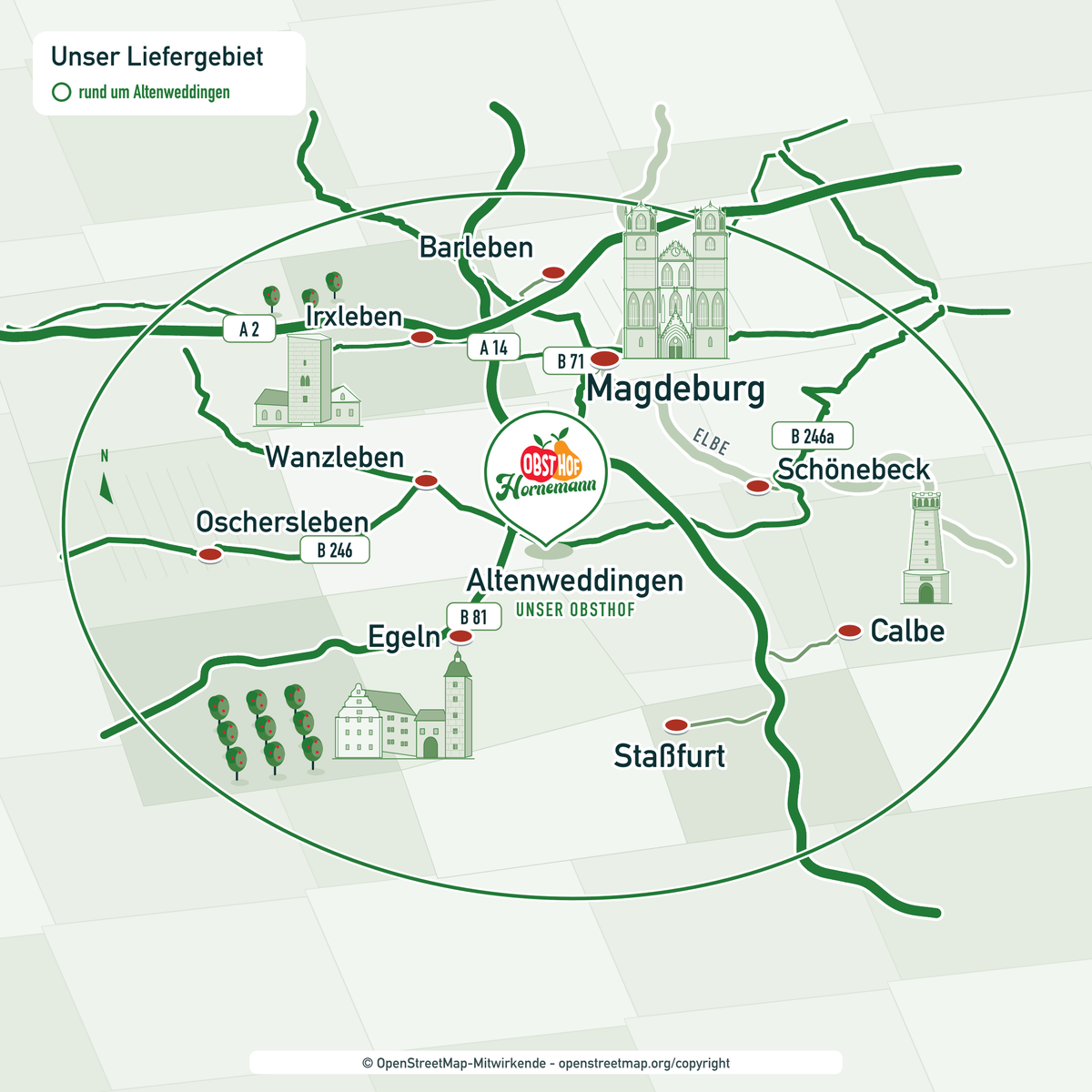 Illustrierte Übersicht des Firmenobst-Liefergebiets rund um Sülzetal und Magdeburg
