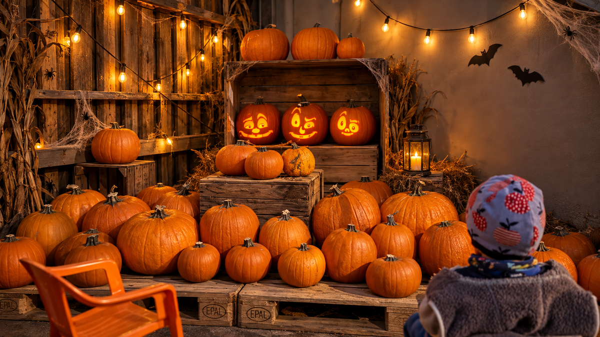 Halloween-Kürbiskino im Hofladen mit drei leuchtenden Kürbisgesichtern. KI-bearbeitet auf Basis eines Originalfotos.